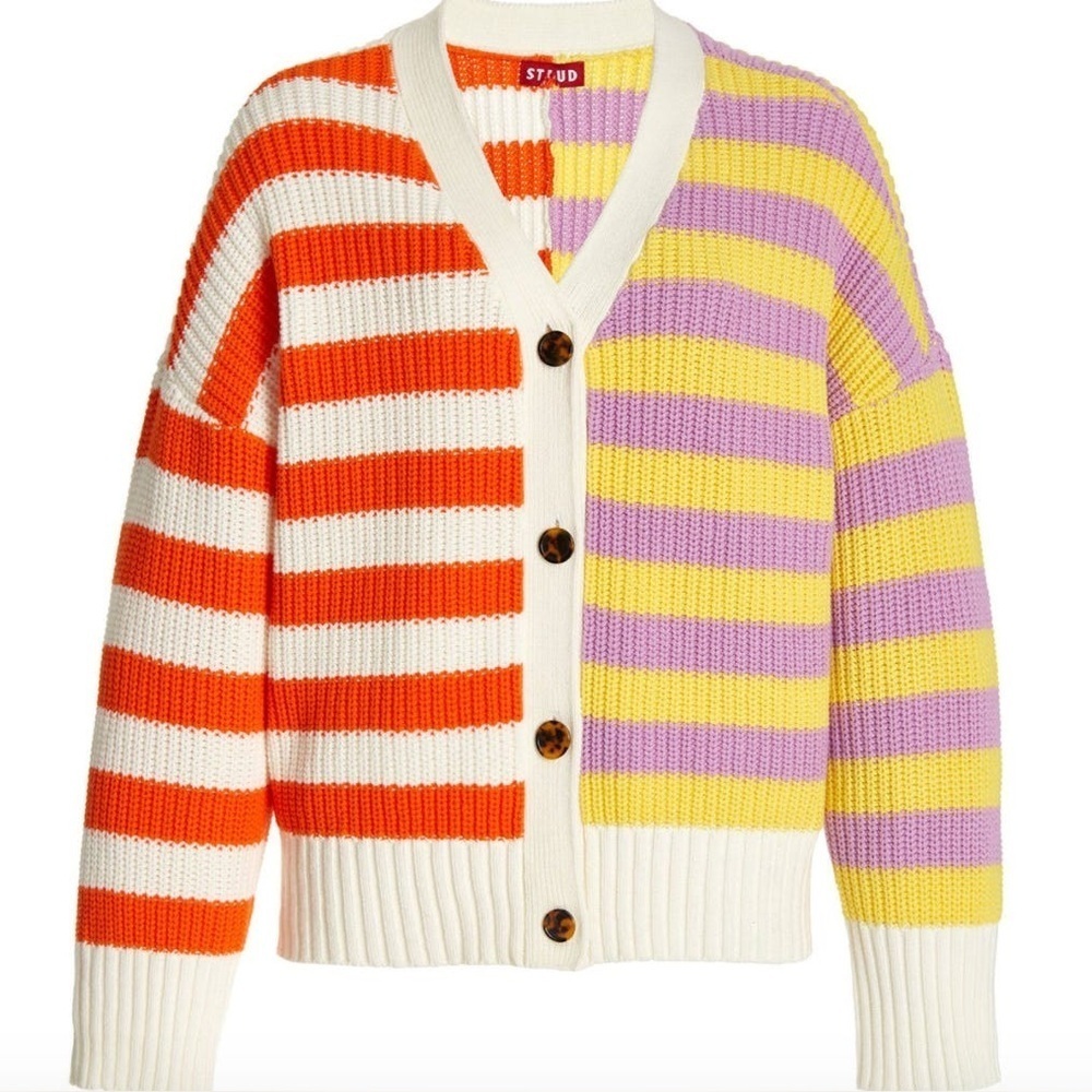 Staud Essex Cotton V Neck Striped Knit Cardigan Sweater Top Cabana Stripe